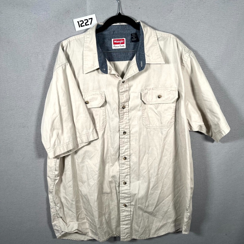 Wrangler Premium Quality Shirt Mens XL Beige 100% Cotton Short Sleeve Button Up